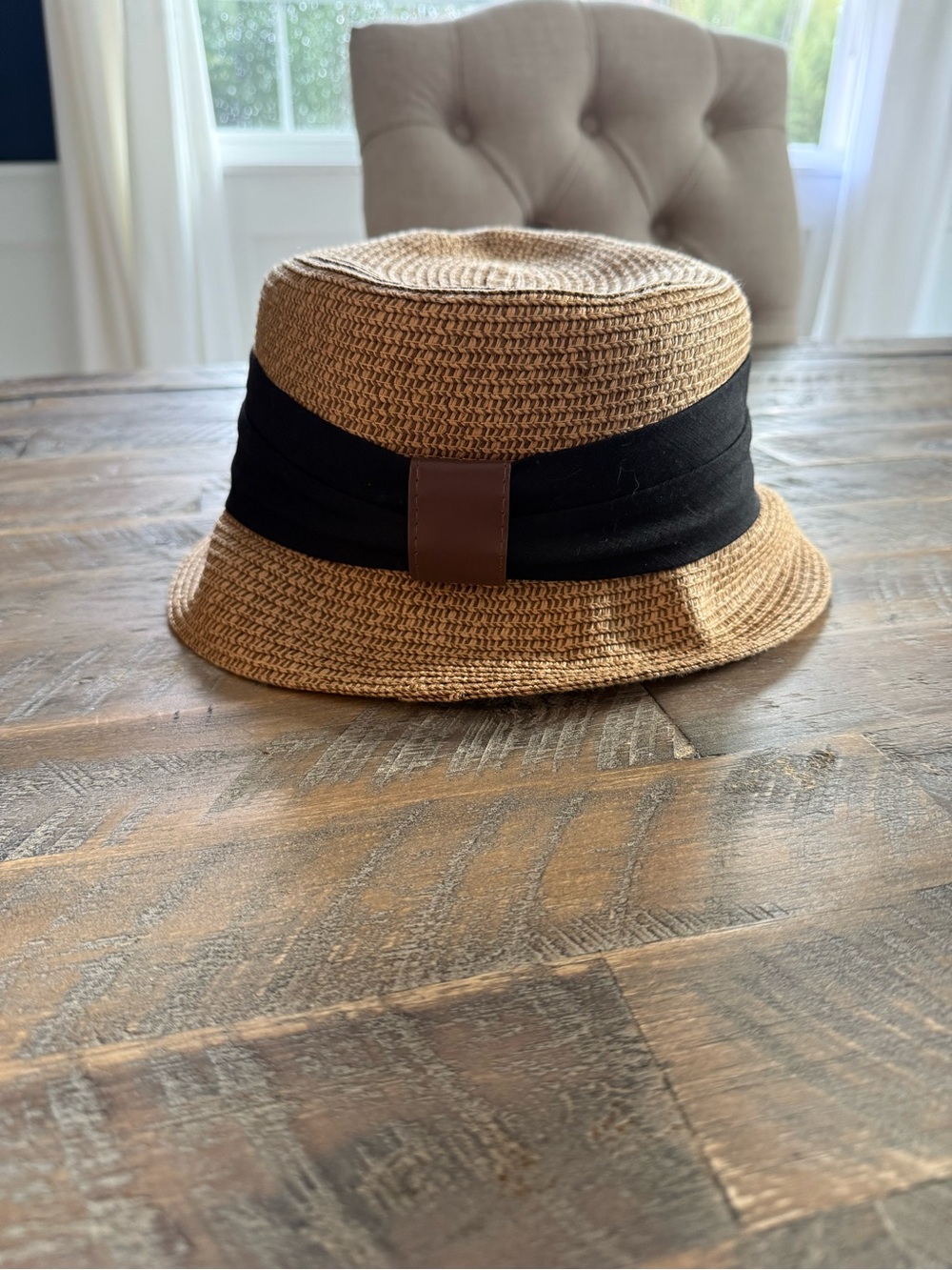 Women’s Tan Straw Bucket Hat with Black Band